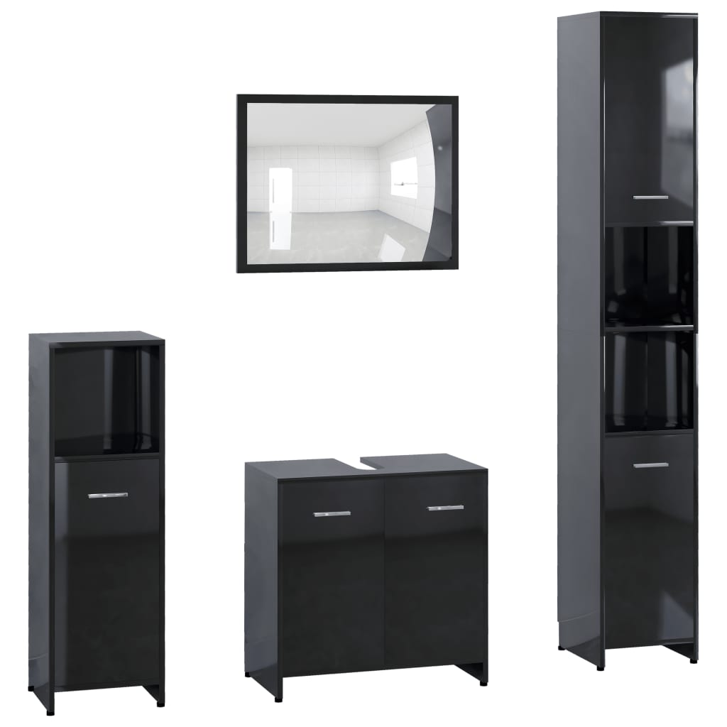 Set mobilier de baie cu oglinda din 4 piese din pal extralucios, vidaXL, PAL, 30 x 30 x 183.5 cm, Negru