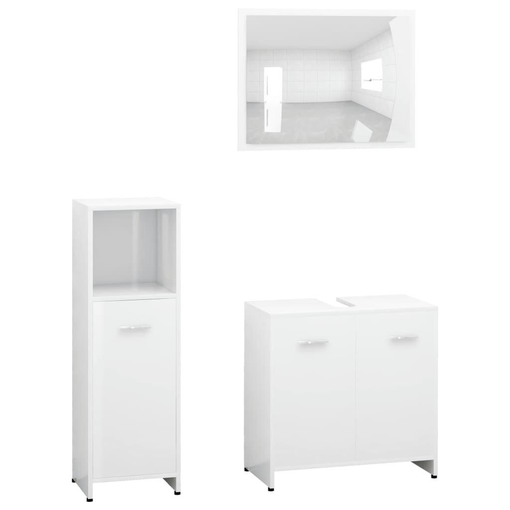 Set mobilier de baie cu oglinda din 3 piese din pal extralucios, vidaXL, PAL, 30 x 30 x 95 cm, Alb