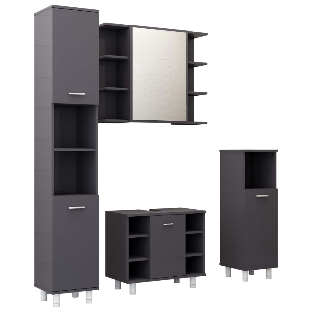 Set mobilier de baie cu 4 piese din pal extralucios, vidaXL, PAL, 30 x 30 x 179 cm, Gri
