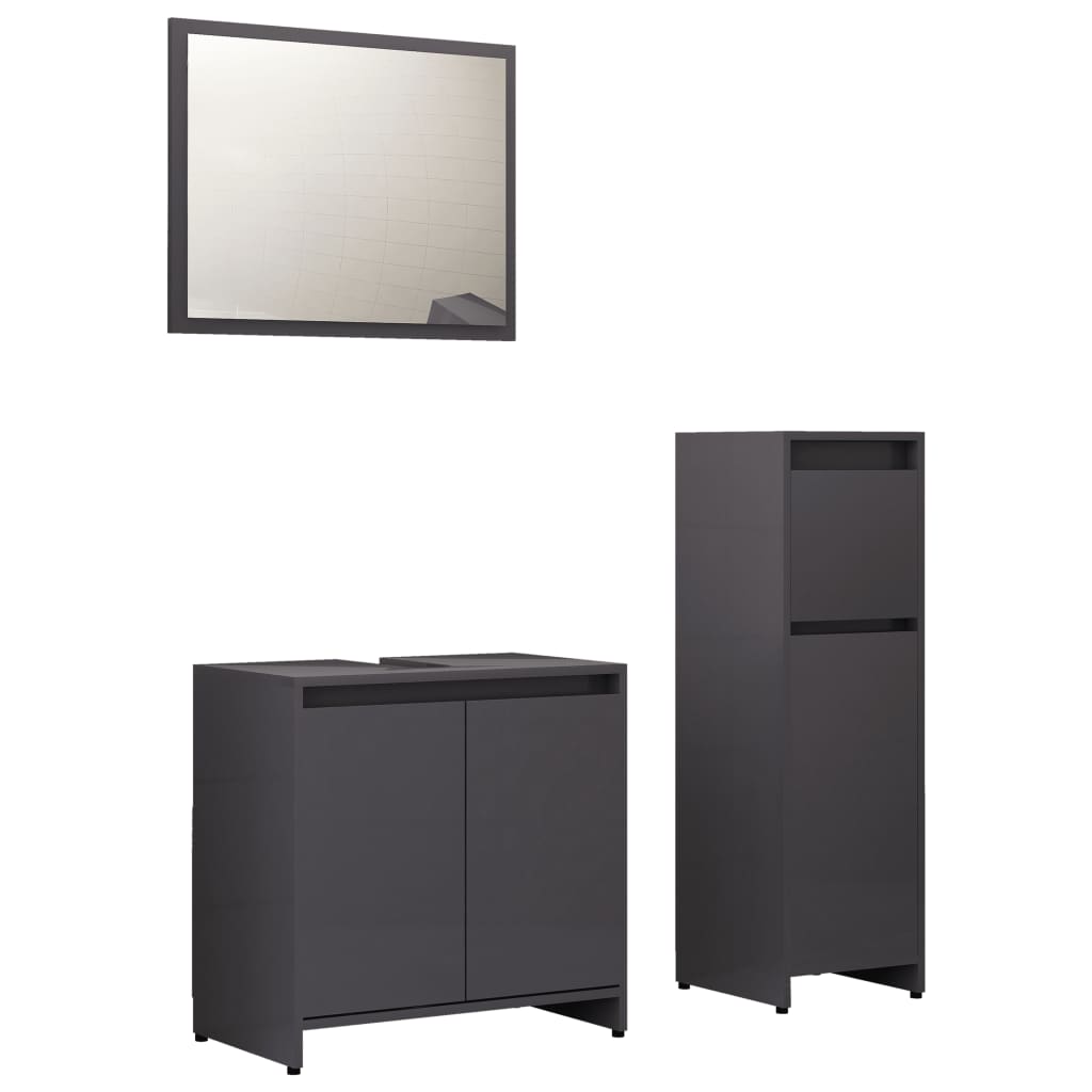 Set mobilier de baie din 3 piese cu oglinda si sertar din pal extralucios, vidaXL, PAL, 30 x 30 x 95 cm, Gri