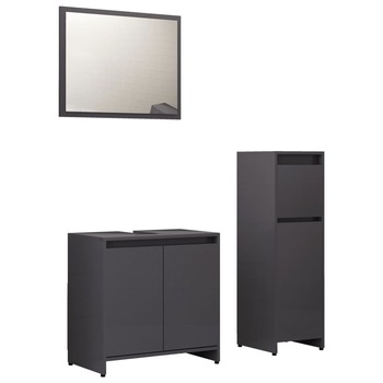 Set mobilier de baie din 3 piese cu oglinda si sertar din pal extralucios, vidaXL, PAL, 30 x 30 x 95 cm, Gri Set mobilier de baie din 3 piese cu oglinda si sertar din pal extralucios, vidaXL, PAL, 30 x 30 x 95 cm, Gri