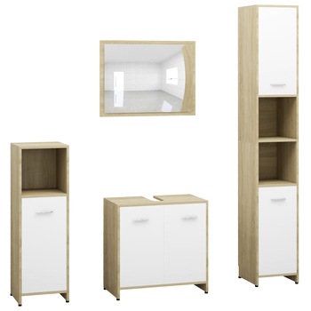 Set mobilier de baie cu oglinda din 4 piese, vidaXL, PAL, 30 x 30 x 183.5 cm, Bej Set mobilier de baie cu oglinda din 4 piese, vidaXL, PAL, 30 x 30 x 183.5 cm, Bej