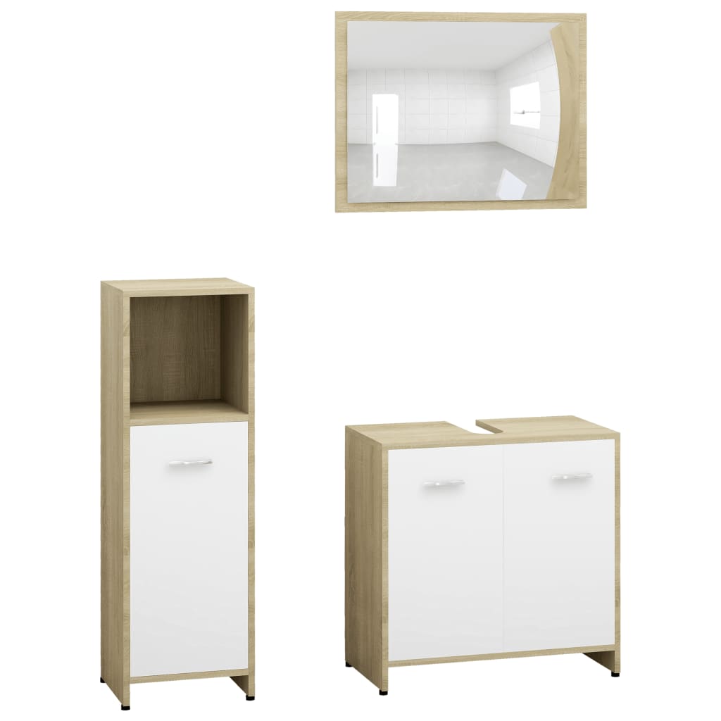 Set mobilier de baie cu oglinda din 3 piese, vidaXL, PAL, 30 x 30 x 95 cm, Bej