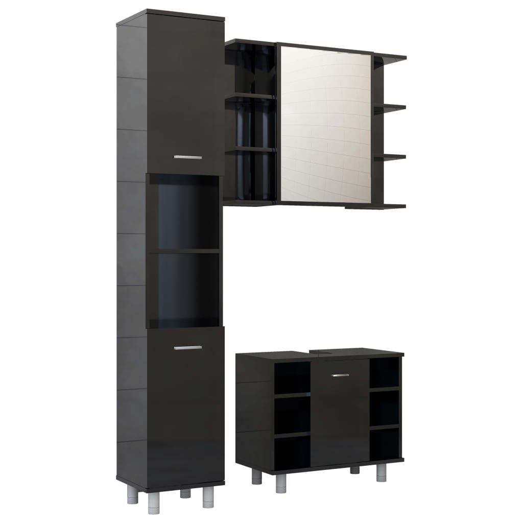 Set mobilier de baie cu 3 piese din pal extralucios, vidaXL, PAL, 80 x 20.5 x 64 cm, Negru