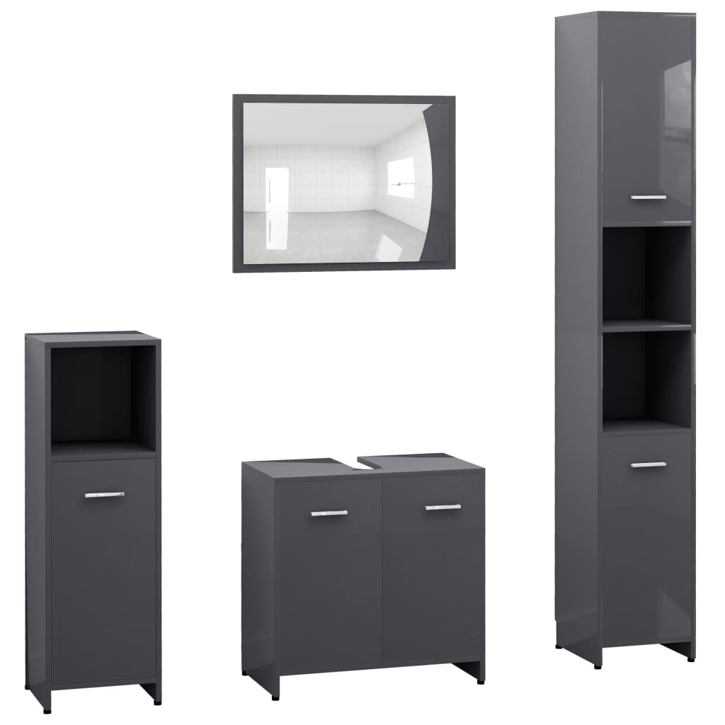 Set mobilier de baie cu oglinda din 4 piese din pal extralucios, vidaXL, PAL, 30 x 30 x 183.5 cm, Gri