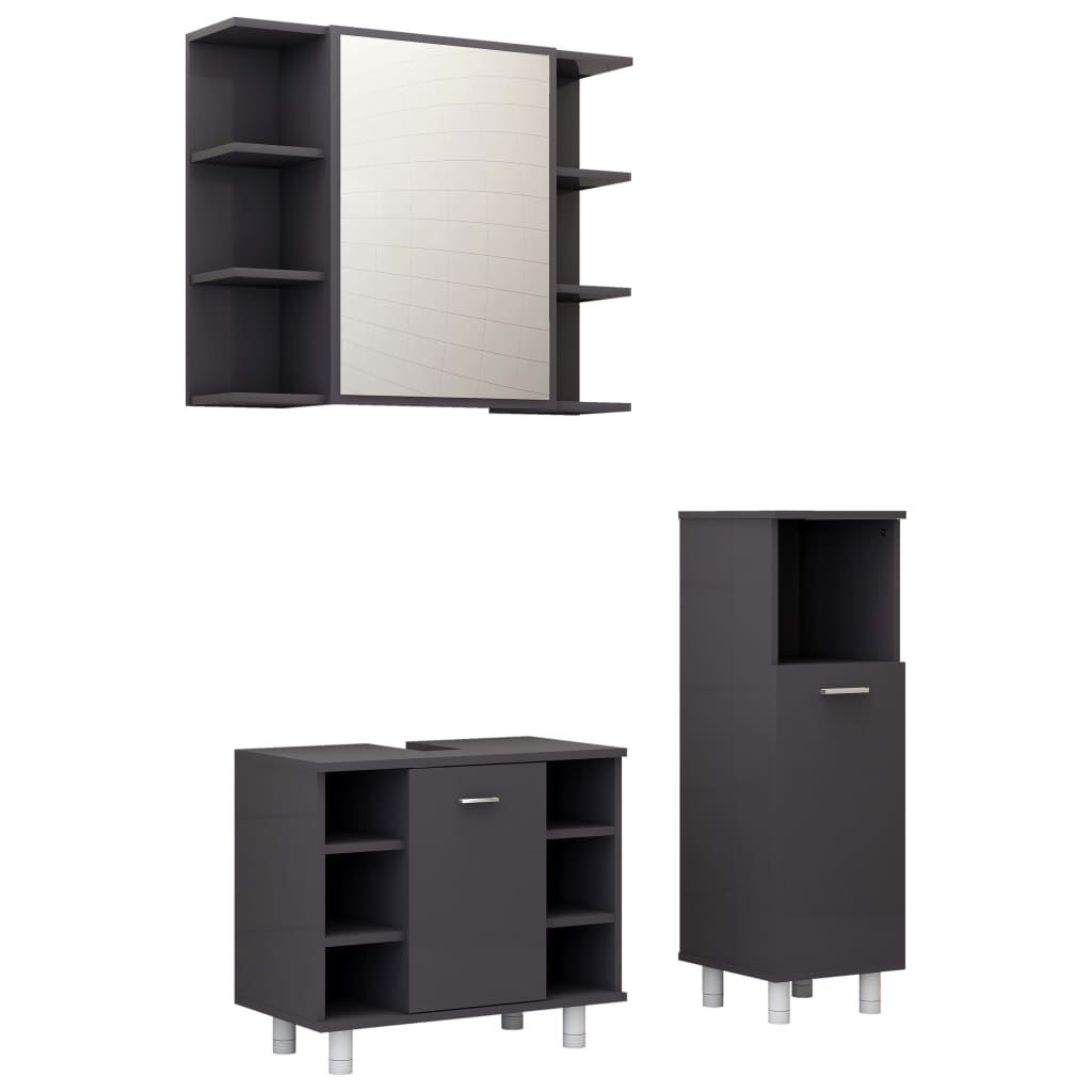 Set mobilier de baie cu 3 piese din pal extralucios, vidaXL, PAL, 30 x 30 x 95 cm, Gri