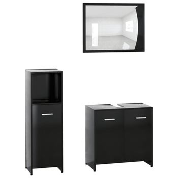 Set mobilier de baie cu oglinda din 3 piese, vidaXL, PAL, 30 x 30 x 95 cm, Negru Set mobilier de baie cu oglinda din 3 piese, vidaXL, PAL, 30 x 30 x 95 cm, Negru