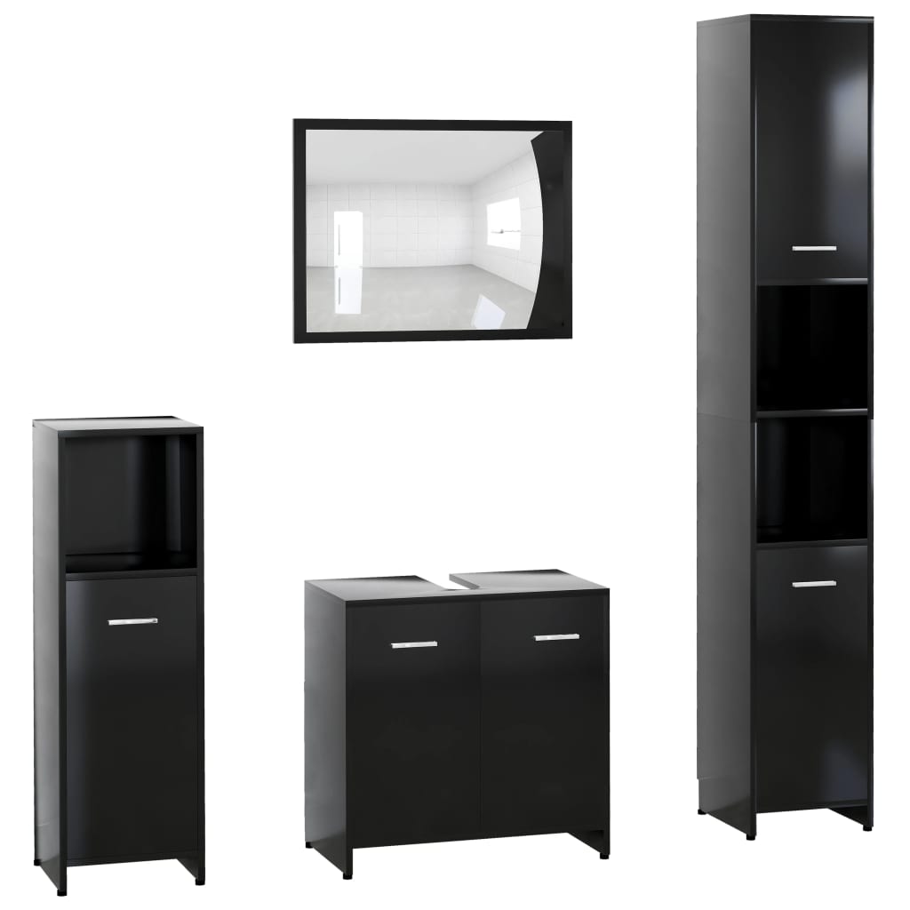 Set mobilier de baie cu oglinda din 4 piese, vidaXL, PAL, 30 x 30 x 183.5 cm, Negru