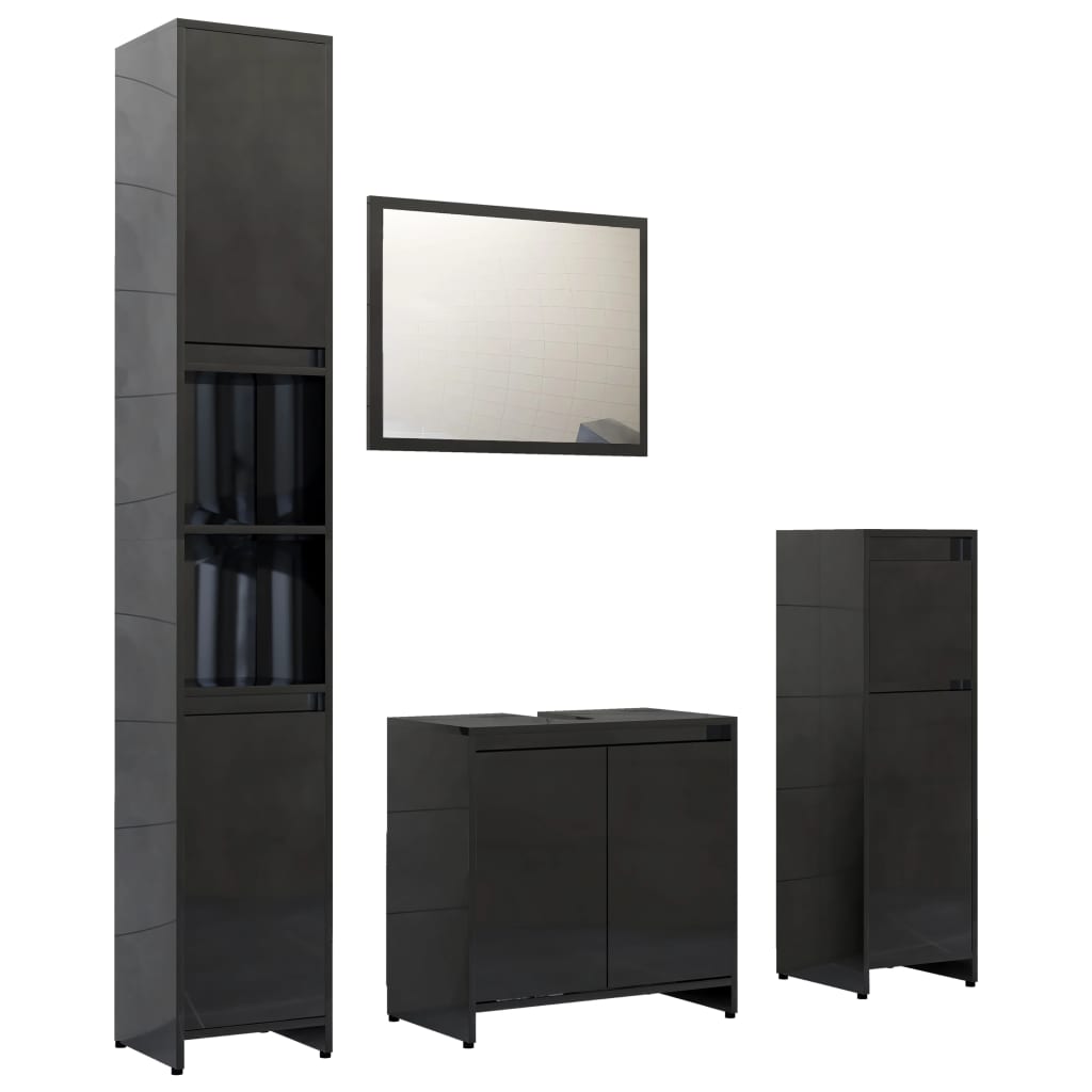 Set mobilier de baie cu oglinda din 4 piese din pal extralucios, vidaXL, PAL, 30 x 30 x 179 cm, Negru