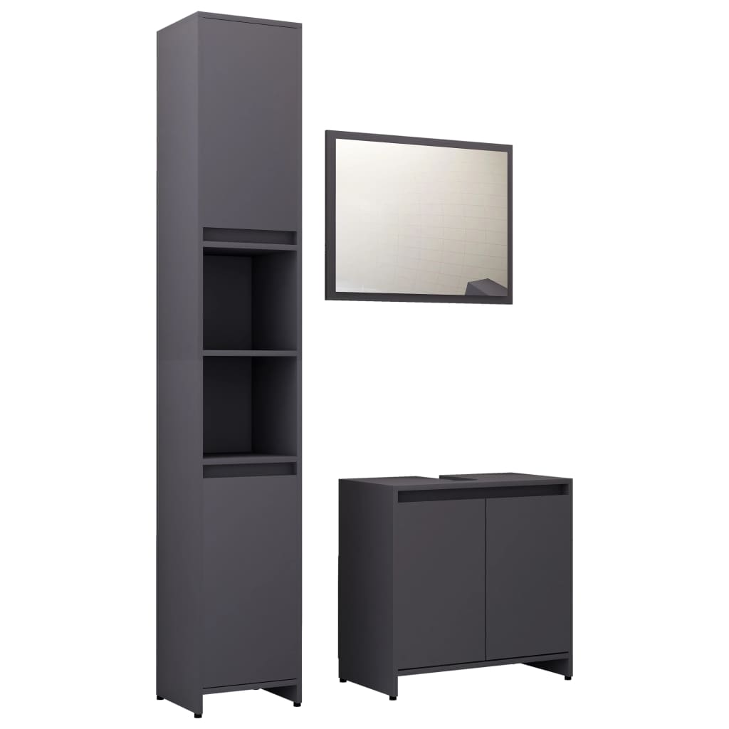 Set mobilier de baie din 3 piese cu oglinda, vidaXL, PAL, 30 x 30 x 179 cm, Gri inchis