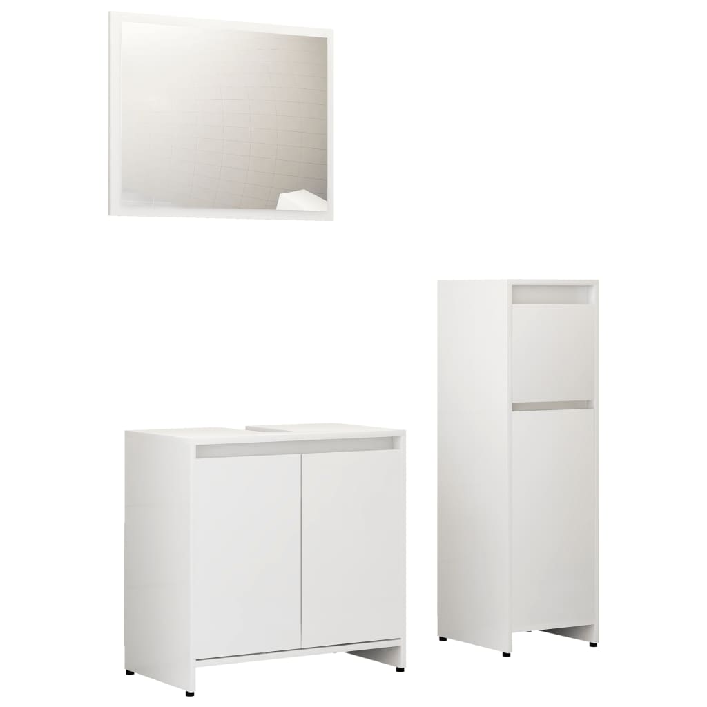 Set mobilier de baie din 3 piese cu oglinda si sertar din pal extralucios, vidaXL, PAL, 30 x 30 x 95 cm, Alb