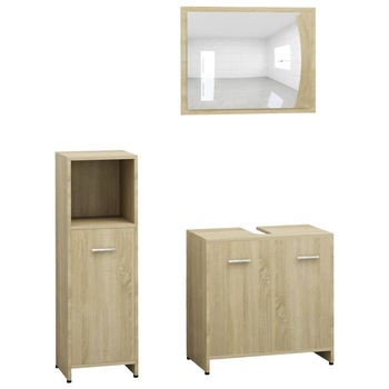 Set mobilier de baie cu oglinda din 3 piese, vidaXL, PAL, 30 x 30 x 95 cm, Maro Set mobilier de baie cu oglinda din 3 piese, vidaXL, PAL, 30 x 30 x 95 cm, Maro