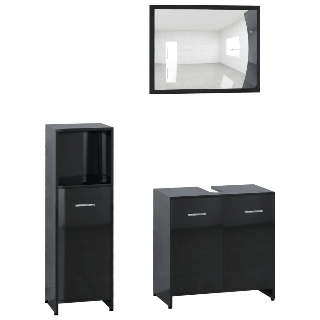 Set mobilier de baie cu oglinda din 3 piese din pal extralucios, vidaXL, PAL, 30 x 30 x 95 cm, Negru