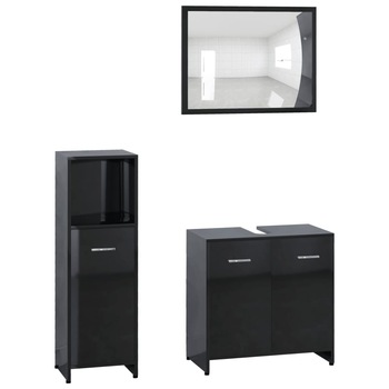 Set mobilier de baie cu oglinda din 3 piese din pal extralucios, vidaXL, PAL, 30 x 30 x 95 cm, Negru Set mobilier de baie cu oglinda din 3 piese din pal extralucios, vidaXL, PAL, 30 x 30 x 95 cm, Negru