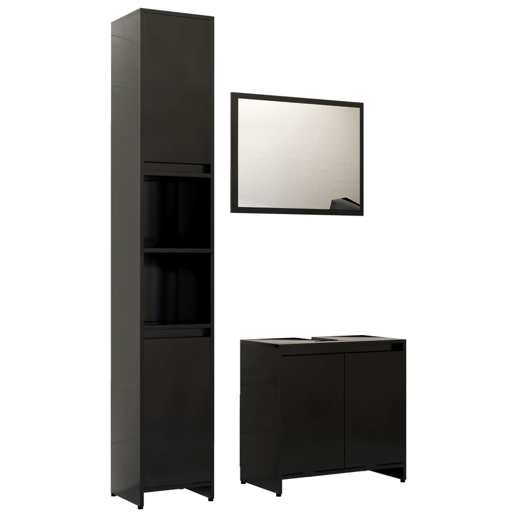 Set mobilier de baie din 3 piese cu oglinda, vidaXL, PAL, 30 x 30 x 179 cm, Negru