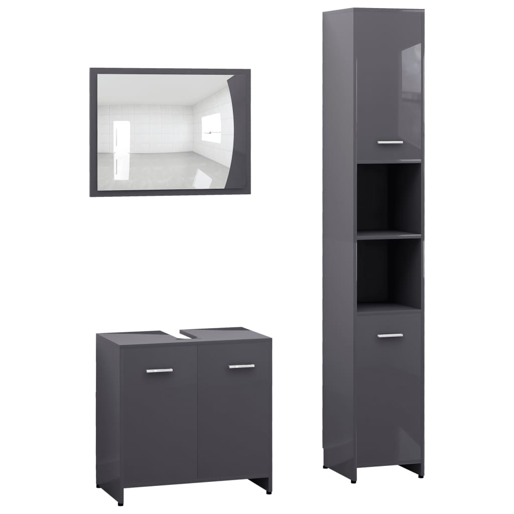 Set mobilier de baie cu oglinda din 3 piese, vidaXL, PAL, 30 x 30 x 183.5 cm, Gri inchis