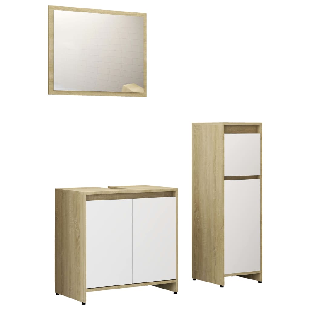 Set mobilier de baie din 3 piese cu oglinda si sertar, vidaXL, PAL, 30 x 30 x 95 cm, Bej