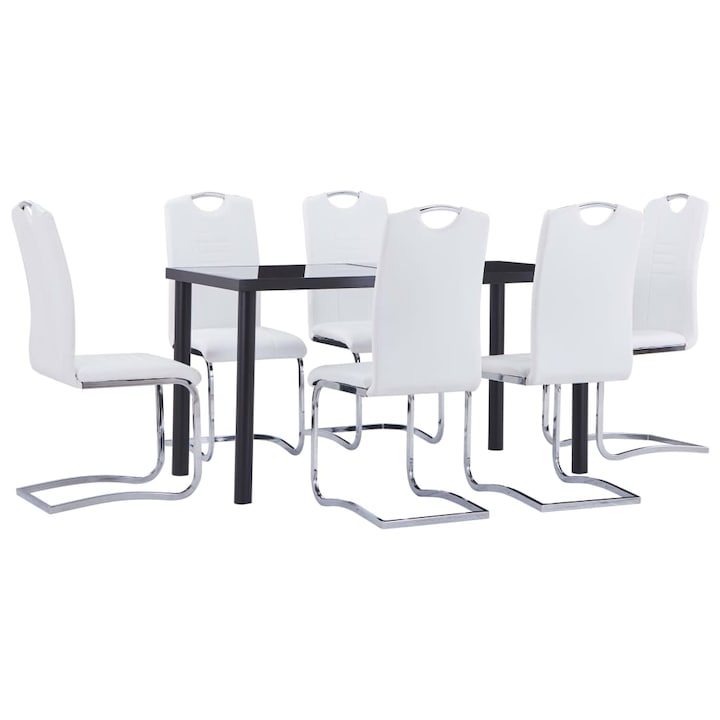 Трапезен комплект маса със столове vidaXL, 7 части, Изкуствена кожа, Бял, 140x70x75 см