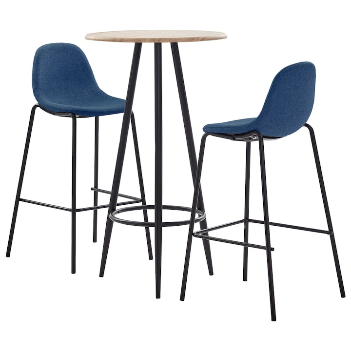 Комплект кръгла маса със столове vidaXL, 3 части, За бар, Плат, Син, 60x107,5 см