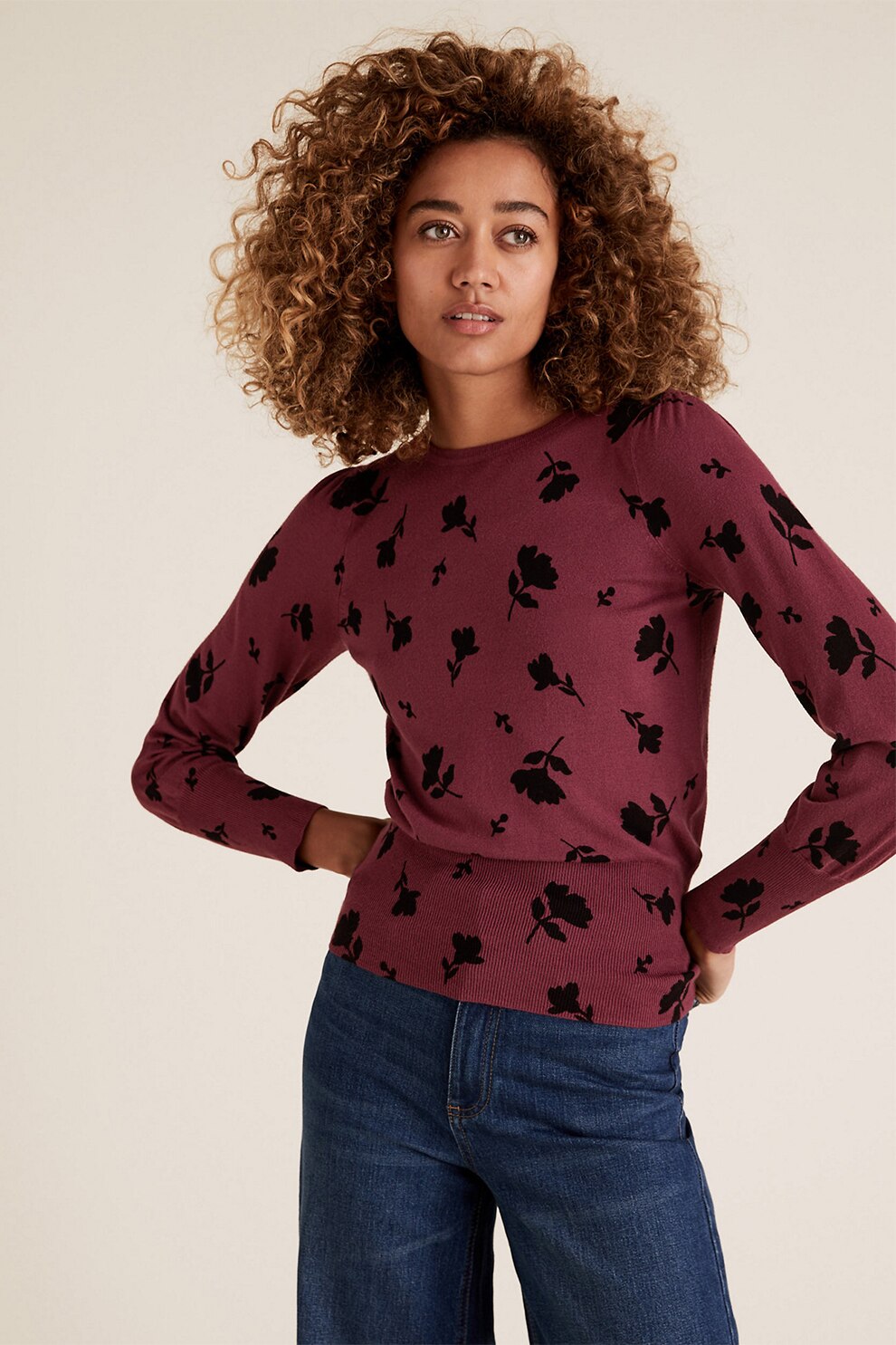 Marks & Spencer, Bluza cu imprimeu cu terminatie striata, Rosu bordeaux/Negru, 40