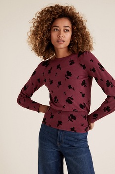 Marks & Spencer, Bluza cu imprimeu cu terminatie striata, Rosu bordeaux/Negru, 40 Marks & Spencer, Bluza cu imprimeu cu terminatie striata, Rosu bordeaux/Negru, 40