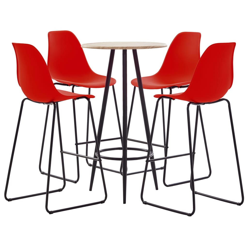 Set mobilier de bar din 5 piese cu masa rotunda si scaune din plastic, vidaXL, Plastic, 60 x 107.5 cm, Rosu