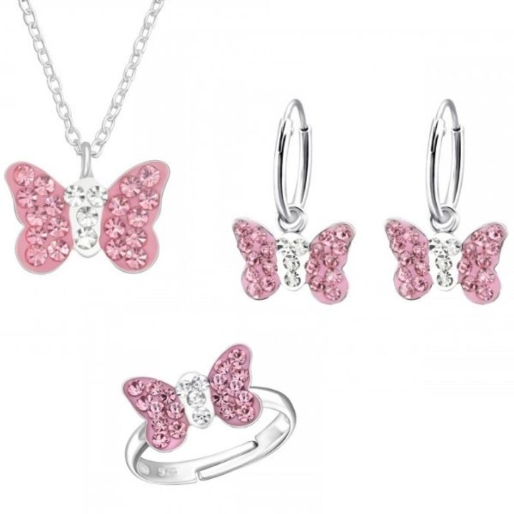 Set Cercei ,Colier, Inel Butterfly Pink din Argint 925, culoare argintiu, cutie bijuterii inclusa