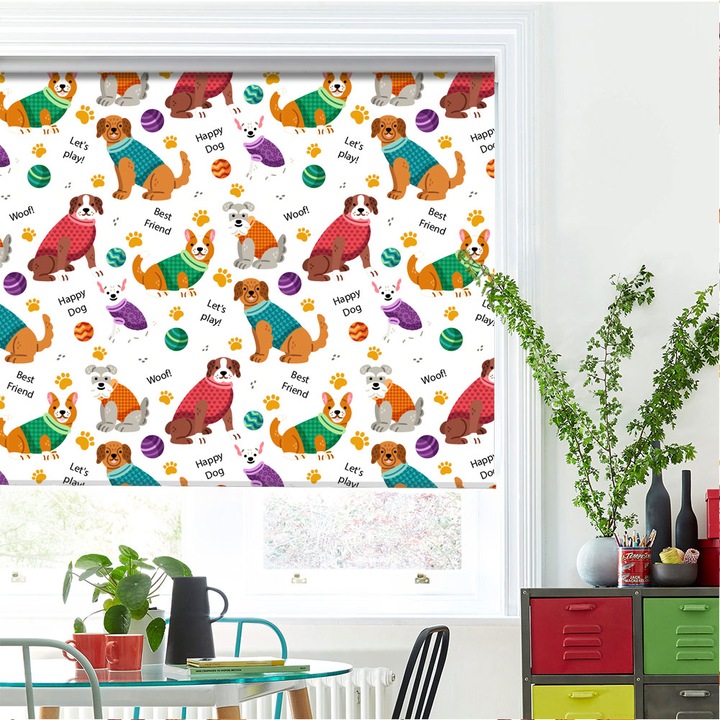 Rolete Art Kids tip Jaluzele cu Rulou si sistem inclus, Caini pregatiti de joaca, Decoratiuni, Latime 85 cm x Inaltime 250 cm