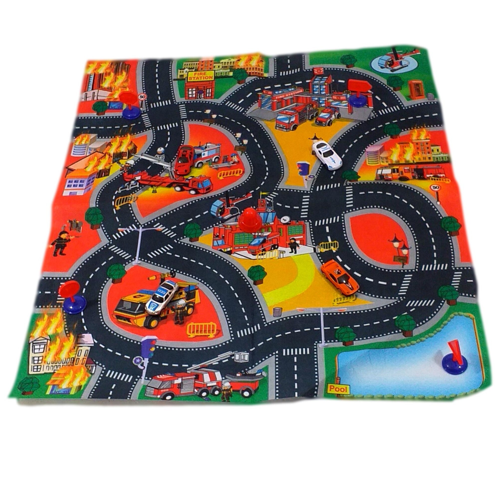 Set 4 masinute, Covoras de joaca copii trafic cu masinute si accesorii de circulatie incluse 70x80cm