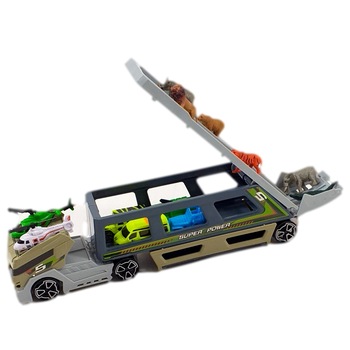 Set masinute, Camion cu trailer pentru masini, 4 masini transportate, 2 avioane si 6 animale Set masinute, Camion cu trailer pentru masini, 4 masini transportate, 2 avioane si 6 animale
