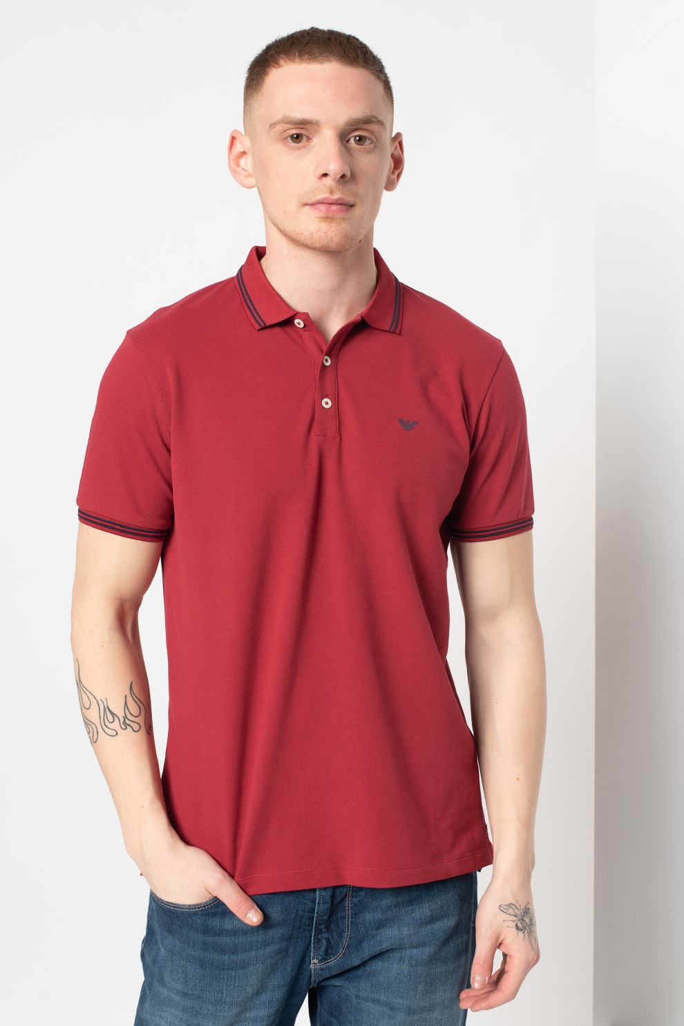 Emporio Armani, Tricou polo cu accente in dungi, Rosu inchis/Bleumarin, M