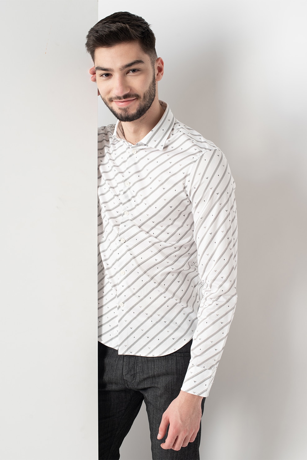 Emporio Armani, Camasa slim fit cu imprimeu, Alb/Grej/Bleumarin, XL