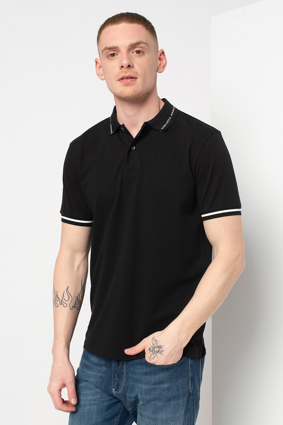 Emporio Armani, Tricou polo din amestec de bumbac, Negru/Alb