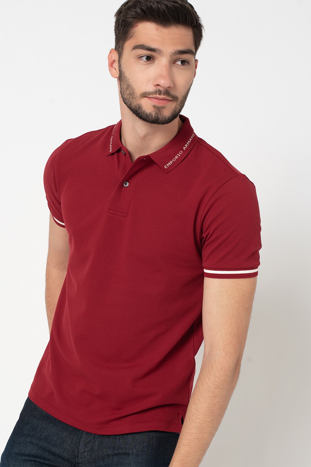 Emporio Armani, Tricou polo din amestec de bumbac, Rosu inchis