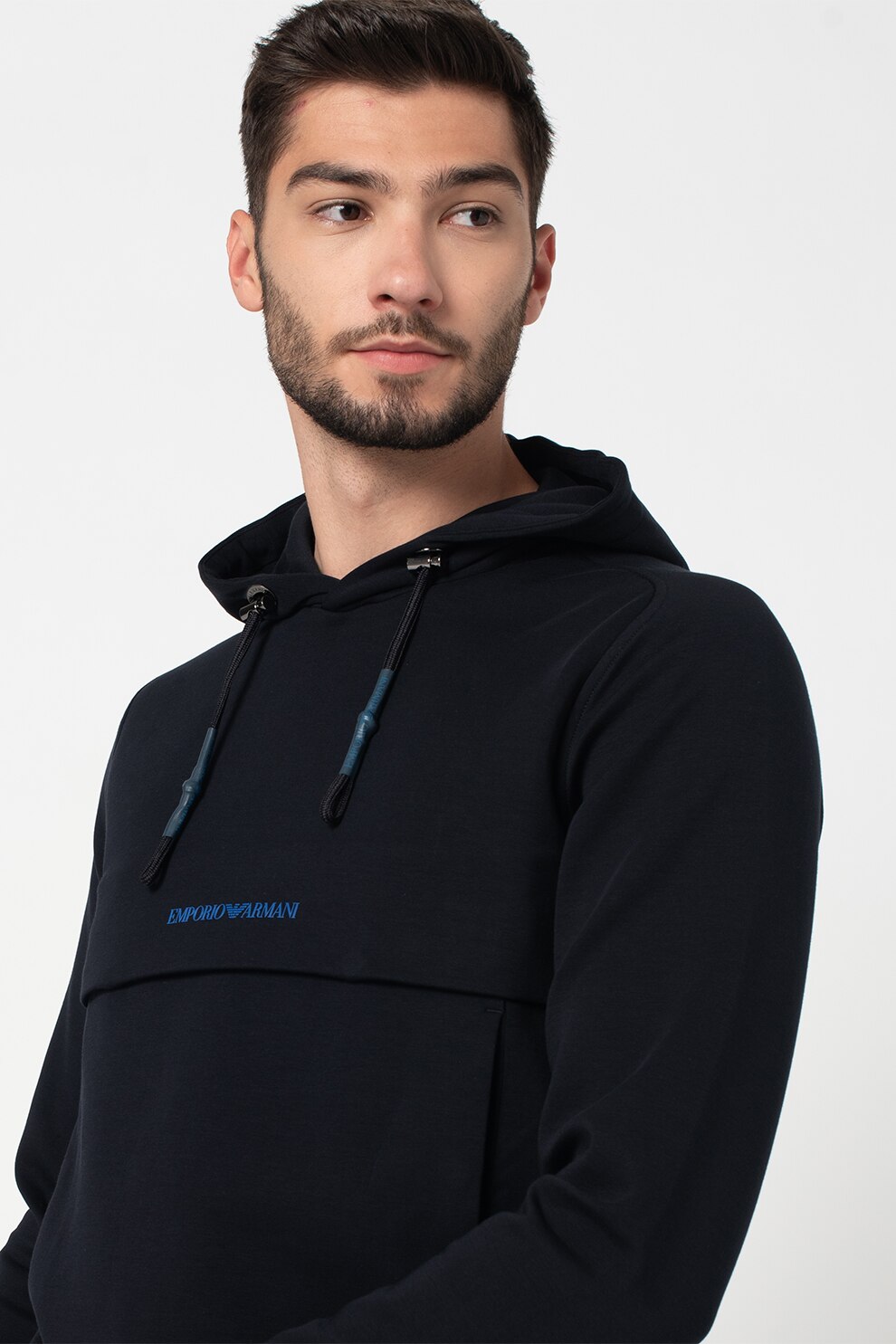 Emporio Armani, Hanorac cu snur si logo, Bleumarin, L