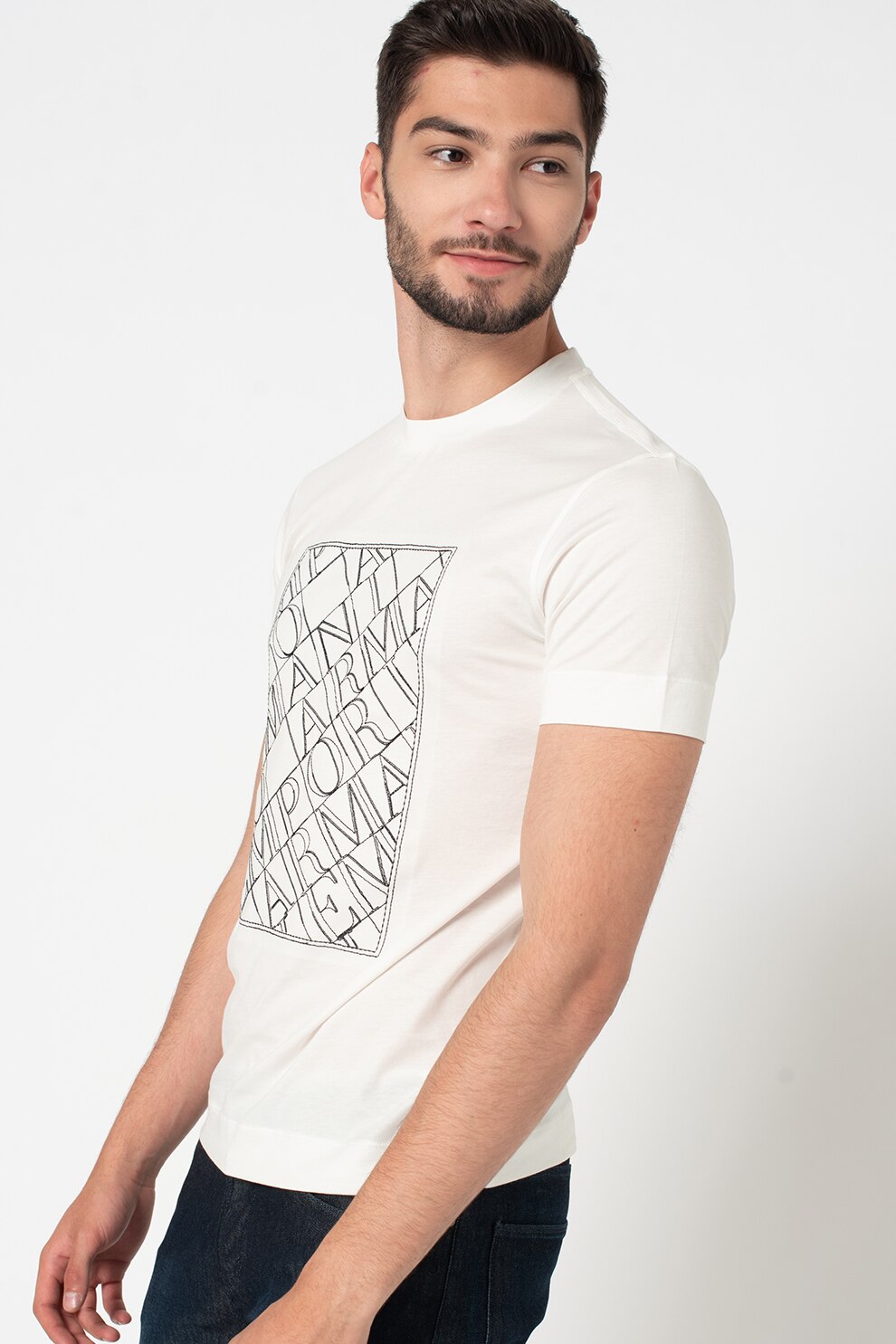 Emporio Armani, Tricou cu decolteu la baza gatului cu logo, Alb