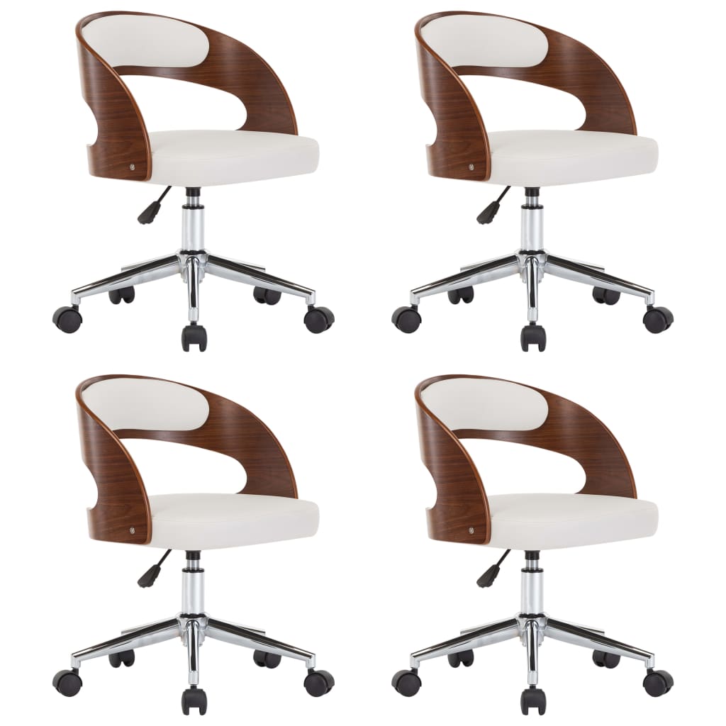 Set de 4 scaune de bucatarie, pe rotile, vidaXL, Piele ecologica/Lemn, 48 x 53 x (66,5-74,5) cm, Alb