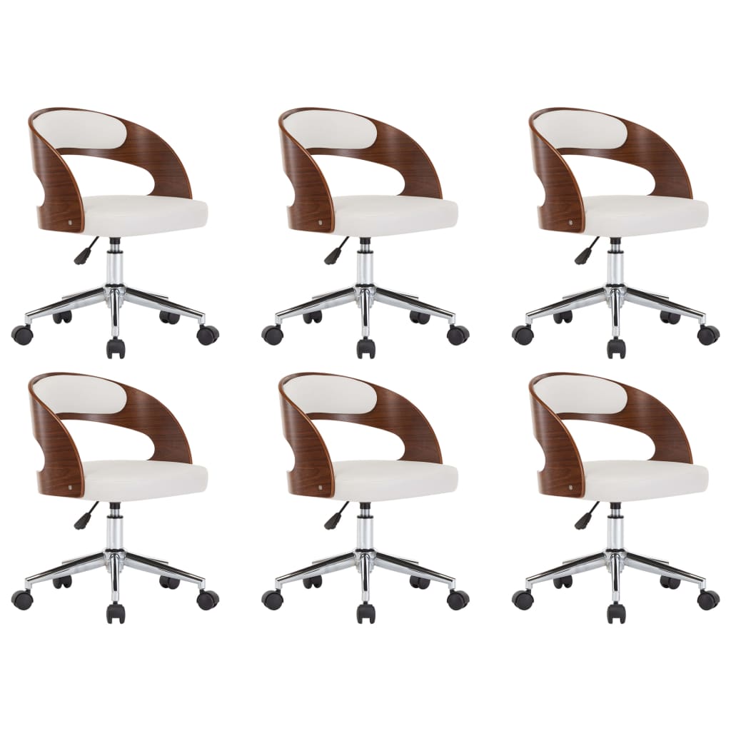 Set de 6 scaune de bucatarie, pe rotile, vidaXL, Piele ecologica/Lemn, 48 x 53 x (66,5-74,5) cm, Alb