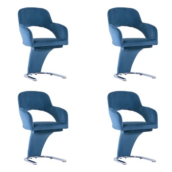 Set de 4 scaune de bucatarie, vidaXL, Catifea/Metal cromat, 56 x 58 x 90 cm, Albastru