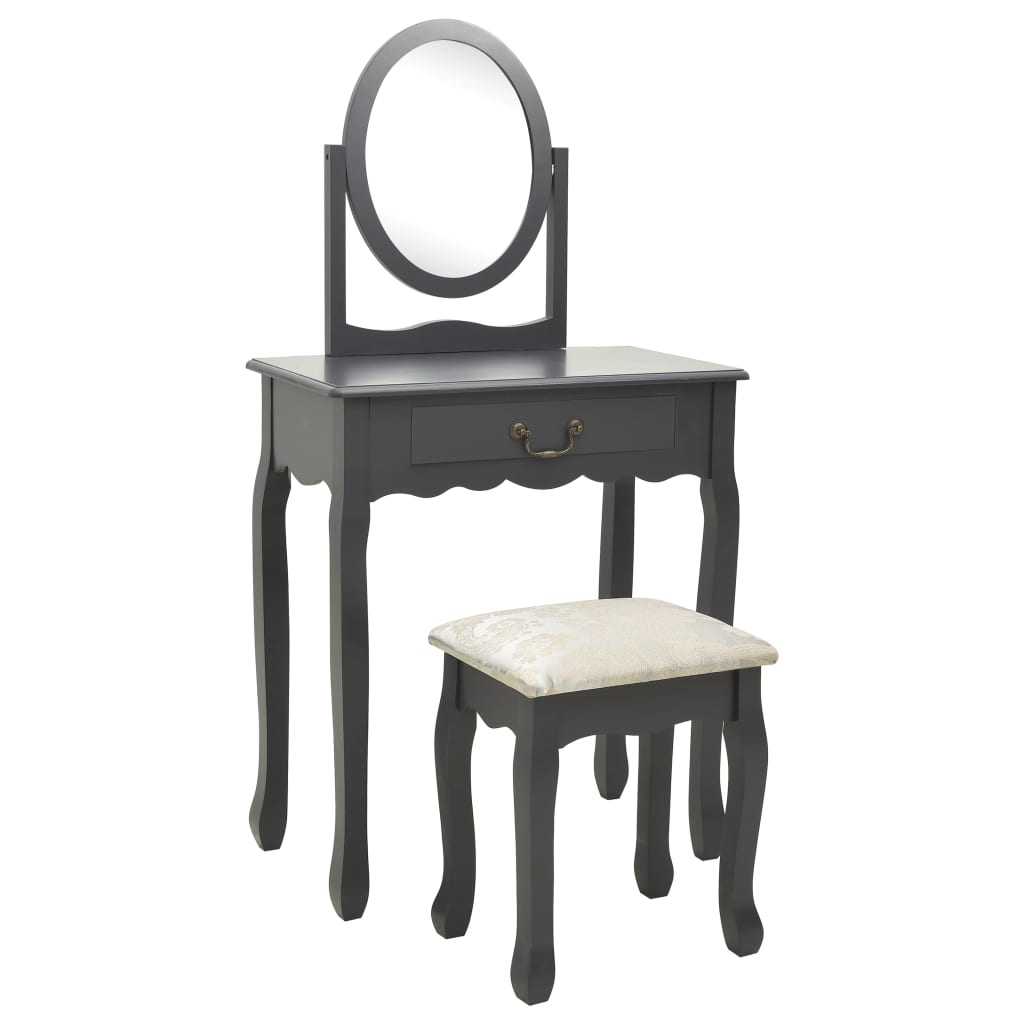 Masa de toaleta cu taburet cu oglinda, vidaXL, Lemn paulownia si MDF, 65x36x128 cm, Gri