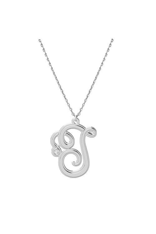 Lant cu pandativ Monograma T, Coriolan, aur alb 14K, diamant 0.01 carate, GVS1, 42-45 cm
