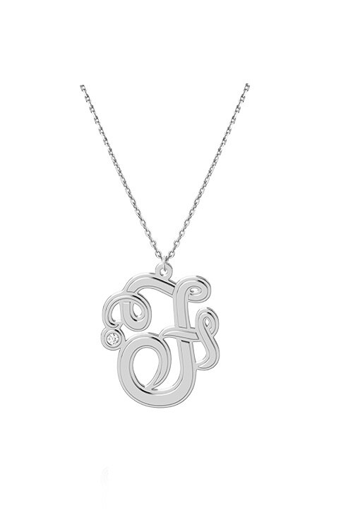 Lant cu pandativ Monograma F, Coriolan, aur alb 14K, diamant 0.01 carate, GVS1, 42-45 cm