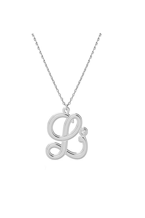 Lant cu pandativ Monograma L, Coriolan, aur alb 14K, diamant 0.01 carate, GVS1, 42-45 cm