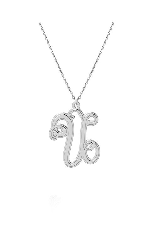 Lant cu pandativ Monograma U, Coriolan, aur alb 14K, diamant 0.01 carate, GVS1, 42-45 cm