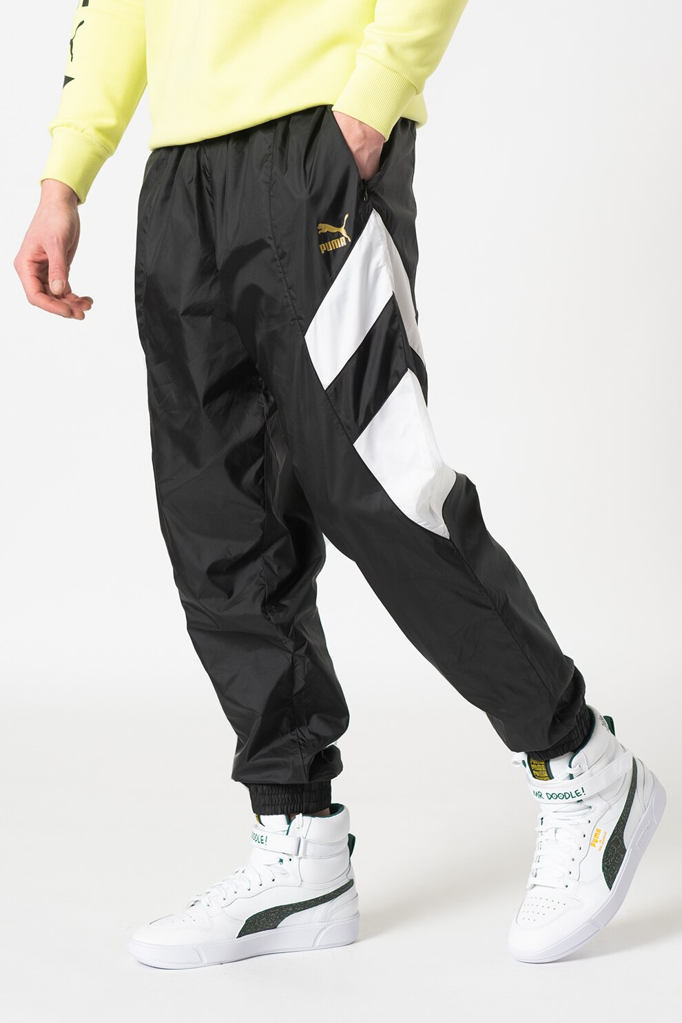 Puma, Pantaloni sport cu segmente contrastante, Negru/Alb, L