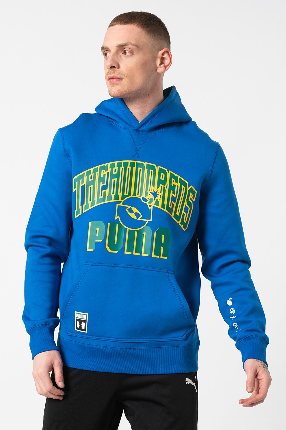 Puma, Hanorac cu buzunar kangaroo si imprimeu, Albastru royal/Galben/Verde, XL