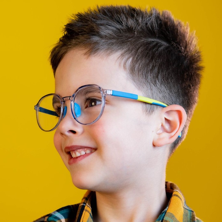Ochelari Protectie Calculator Copii, uVision Monet Kids, Blue & Yellow, Lumina Albastra, Protectie ecran Telefon, Calculator, Toc si Test filtru lumina albastra inclus, 7-14 ani