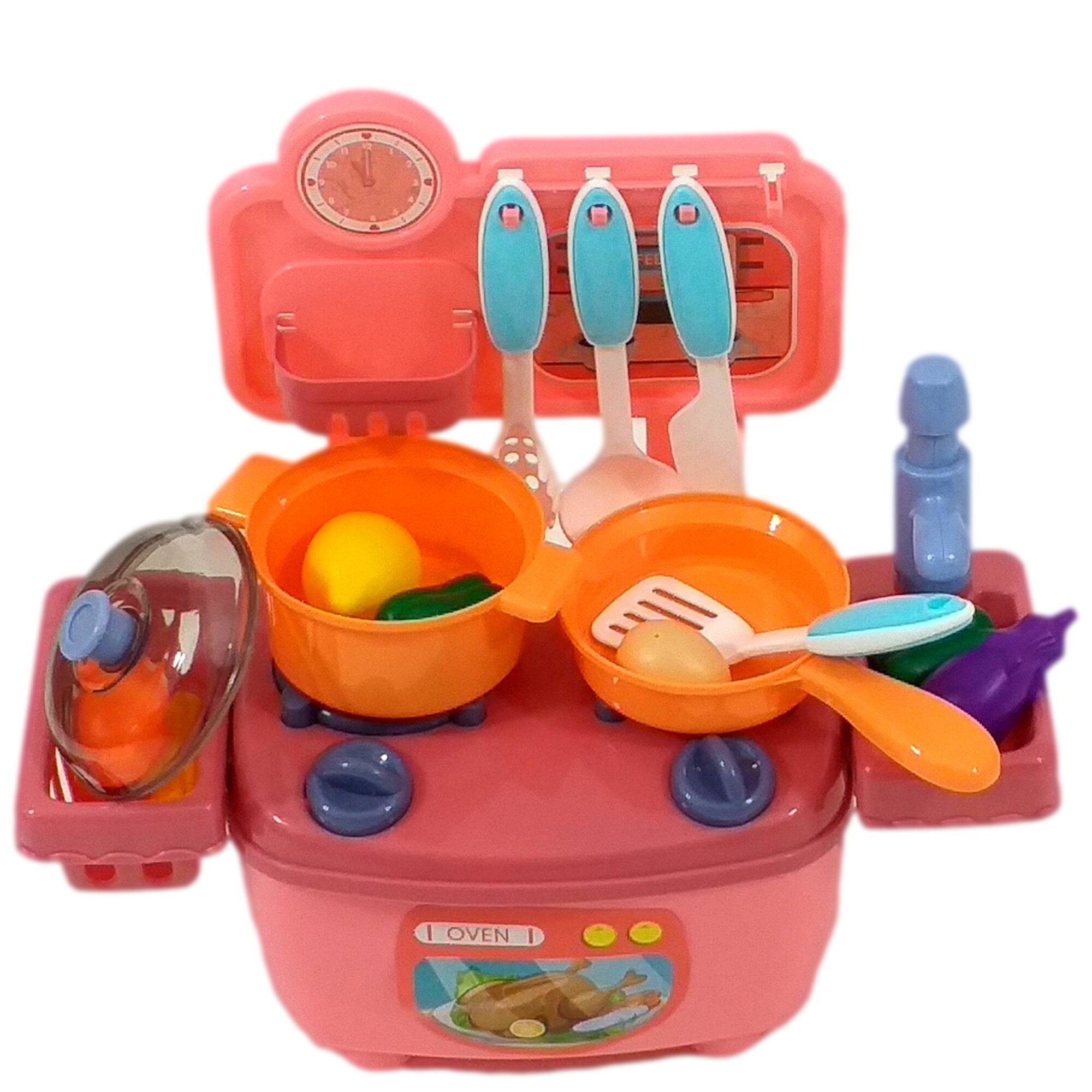 Mini Bucatarie cu lumini si sunete, Chiuveta cu circuit de apa, Cuptor, Multiple accesorii,14 piese Roz