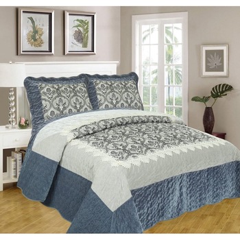 Cuvertura de Pat din Catifea + 2 Fete de Perna , Pat 2 Persoane , Gri/Bleu , model chenar floral Cuvertura de Pat din Catifea + 2 Fete de Perna , Pat 2 Persoane , Gri/Bleu , model chenar floral