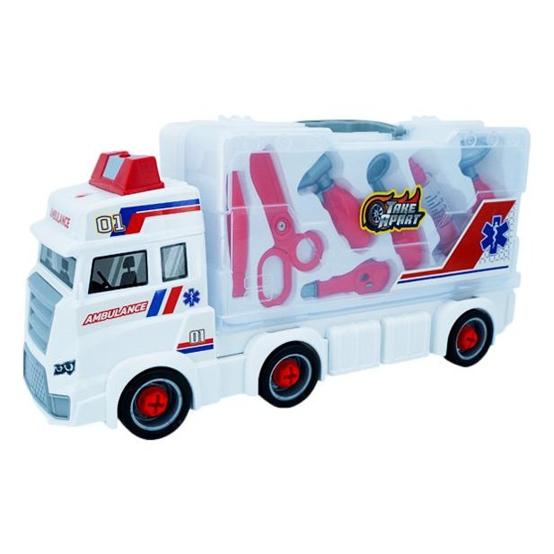 Set Jucarie Masina Ambulanta si Accesorii Trusa Medicala incluse, alb rosu